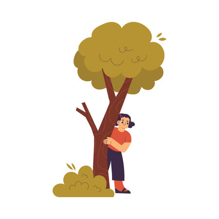 Little Girl Playing Hide and Seek Game Standing Behind Tree Vector Illustrationのイラスト素材