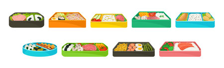 Japanese Bento Colorful Food Box as Ready Meal Vector Setのイラスト素材