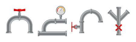 Fitting or Adapter for Connecting Straight Section of Pipe or Tube with Red Valves Vector Set