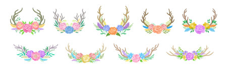 Beautiful Deer Antlers or Horns with Blooming Flowers Bouquet Vector Setのイラスト素材