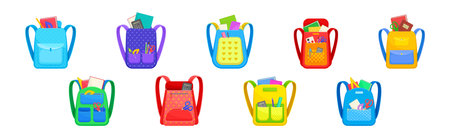 Colorful School Backpacks with School Supplies Vector Setのイラスト素材