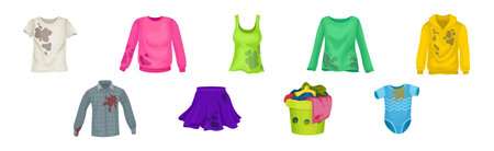Spotted and Dirty Clothing with Stain for Laundry Vector Setのイラスト素材