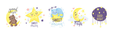 Cute Pictures with Good Night Inscription for Nursery Vector Setのイラスト素材