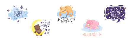 Cute Pictures with Good Night Inscription for Nursery Vector Setのイラスト素材