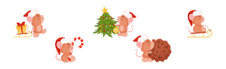 Cute Mouse in Red Santa Hat Engaged in Different Activity Vector Setのイラスト素材