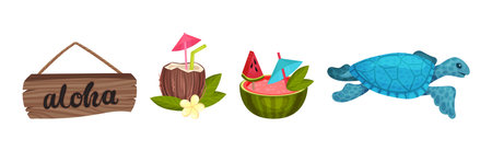 Hawaiian Beach Attributes and Tropical Symbols with Cocktail and Floating Turtle Vector Setのイラスト素材
