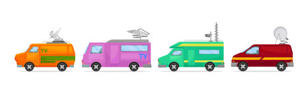 Broadcasting Car with Satellite Antenna for Reporting News Vector Setのイラスト素材