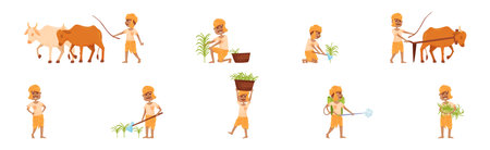 Indian Farmer Wearing Turban Cultivating Plants and Soil Vector Setのイラスト素材