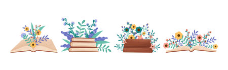 Books with Blooming Flowers and Twigs Vector Setのイラスト素材