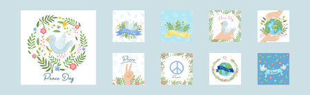 Peace Day Card with Pigeon and Planet Vector Setのイラスト素材