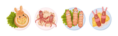 Food for Kids on Plates Serving Ideas Top View Vector Setのイラスト素材