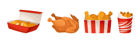 Roasted and Fried Chicken, Legs and Nuggets in Box Vector Setのイラスト素材