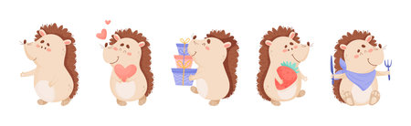 Hedgehog Character Engaged in Different Activity Vector Setのイラスト素材