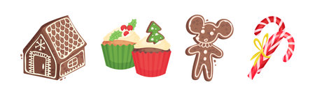 Christmas Objects with Cupcake, Candy Cane and Gingerbread Cookie Vector Setのイラスト素材