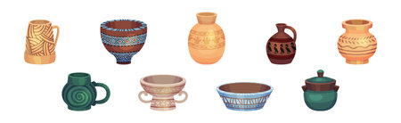 Ceramic Vase and Crafted Clay Container with Ornament Vector Setのイラスト素材