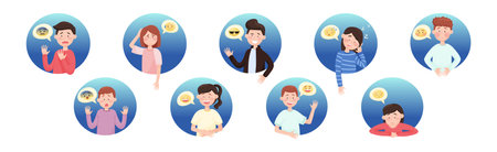 People Emoji with Face Emotion Expressing Different Feelings in Round Shape Vector Setのイラスト素材