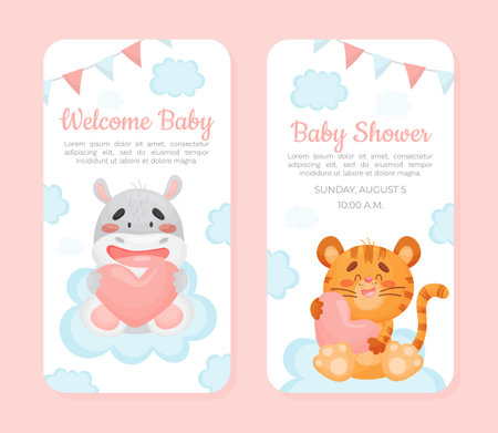 Baby Shower Invitation Card with Cute Animal Vector Templateのイラスト素材