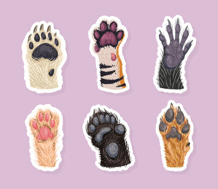Animal Paw and Animalistic Pet Claw Vector Sticker Setのイラスト素材