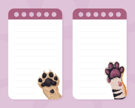 Notepad Page with Animal Paw and Animalistic Pet Claw Vector Sticker Templateのイラスト素材