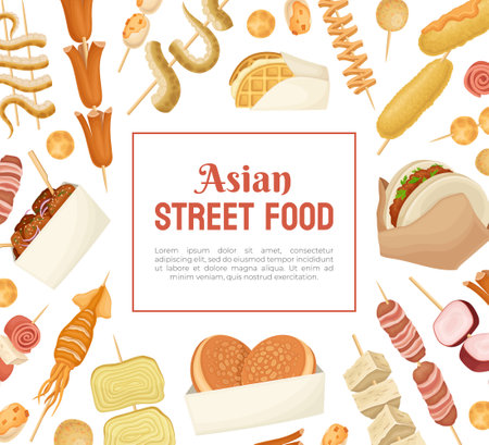 Asian Street Food Web Banner with Snack Vector Templateのイラスト素材