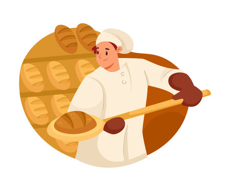 Man Bread Baker in Uniform and Toque Baking Pastry Put Loaf in Hot Oven Vector Illustrationのイラスト素材
