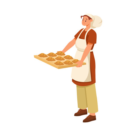 Woman Bread Baker in Uniform and Toque Standing with Croissant on Tray Vector Illustrationのイラスト素材