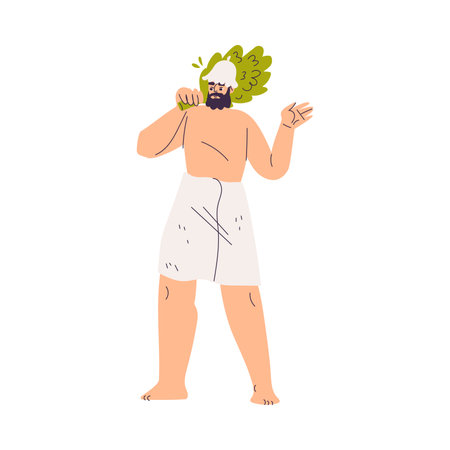 Bearded Man with Besom Bathing in Sauna and Taking Steam Bath Vector Illustrationのイラスト素材