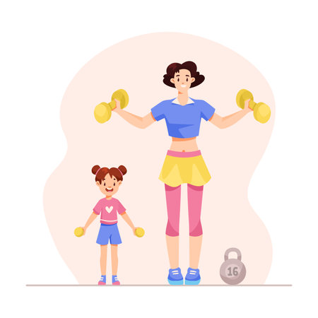 Happy Mom with Daughter Doing Sport Activity Lift Dumbbell Vector Illustrationのイラスト素材