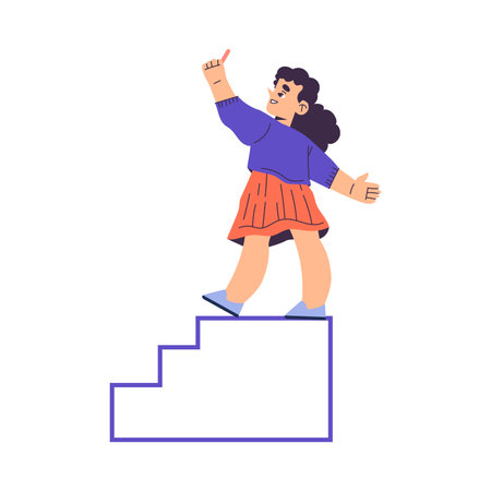 Little Girl Drawing on Wall with Colorful Crayon Standing on Ladder Vector Illustrationのイラスト素材