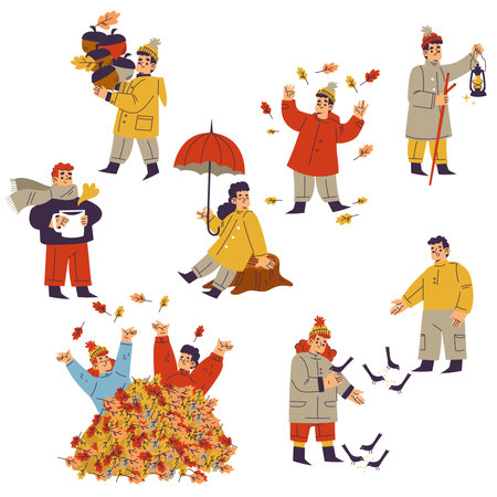 Children in Fall Season Enjoy Outdoor Activity Vector Setのイラスト素材