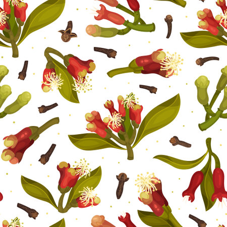 Clove Flower Seamless Pattern Design with Blooming Plant Vector Templateのイラスト素材