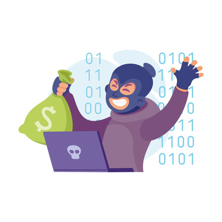Cyber Swindler Man in Mask at Laptop with Sack Hacking Internet Steal Money Vector Illustrationのイラスト素材