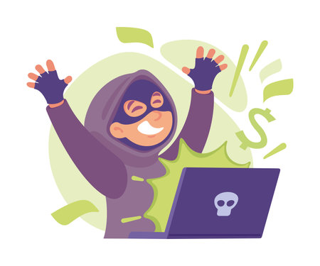 Cyber Swindler Man in Mask at Laptop Hacking Internet Steal Money Vector Illustrationのイラスト素材