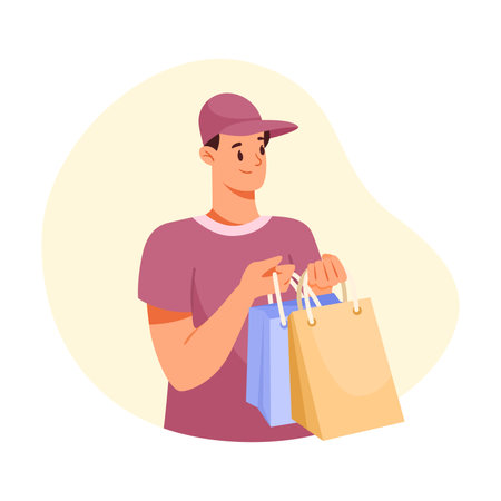 Man Delivery Courier in Cap Give Bags Vector Illustrationのイラスト素材