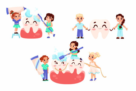 Dental Care with Children Cleaning Big Teeth with Toothbrush and Toothpaste Vector Setのイラスト素材
