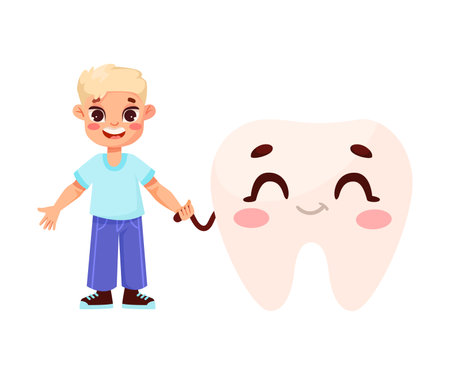 Dental Care with Little Boy Holding Hand with Big Tooth Vector Illustrationのイラスト素材