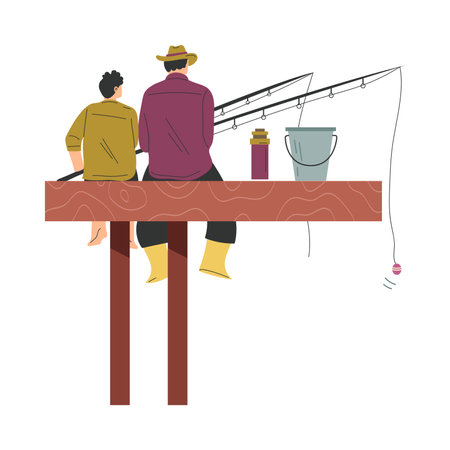 Man Dad with Son Fishing with Rod on Lake Sitting on Berth Vector Illustrationのイラスト素材