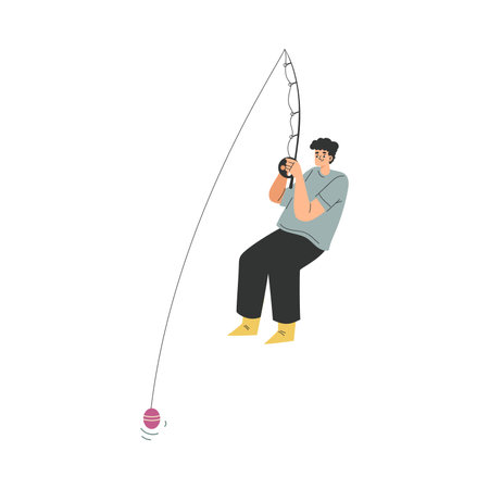 Man Character Fishing with Rod on Lake Pulling Vector Illustrationのイラスト素材