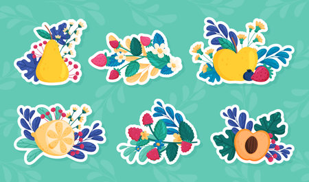 Fruit and Leaves with Twigs as Sweet Plant Vector Sticker Setのイラスト素材
