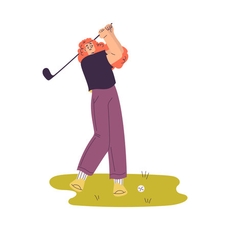 Woman Character Golf Playing Training with Golf Club on Green Grass Vector Illustrationのイラスト素材
