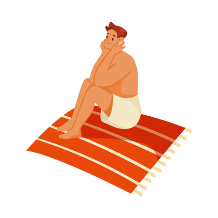 Man Character on Beach Sunbathing Sitting on Blanket Vector Illustrationのイラスト素材