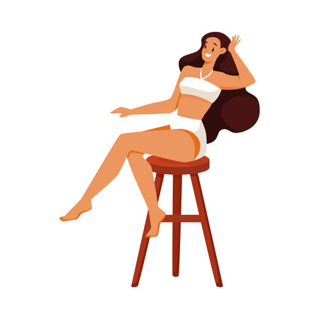 Woman Character on Beach Sunbathing in Swimsuit Sitting on Chair Vector Illustrationのイラスト素材