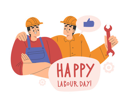 Labour Day with Happy Man Engineer in Helmet with Wrench Vector Illustrationのイラスト素材