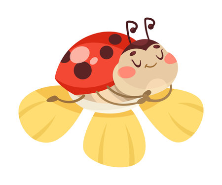 Cute Ladybug Character with Spotted Wings Sleep on Flower Vector Illustrationのイラスト素材