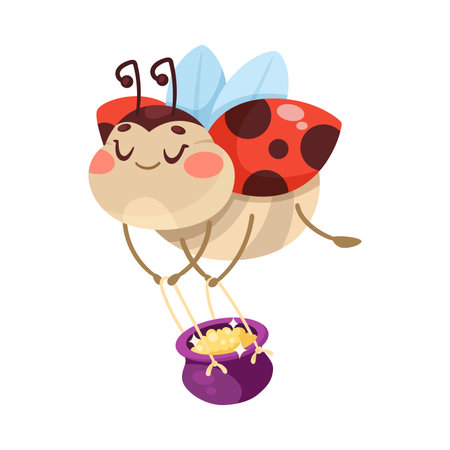 Cute Ladybug Character with Spotted Wings Carry Pot Vector Illustrationのイラスト素材