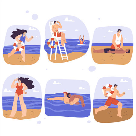 Beach Lifeguard Man and Woman Character Supervising and Rescue Vector Setのイラスト素材