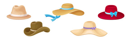 Different Hat and Headdress with Brim and Ribbon Vector Setのイラスト素材