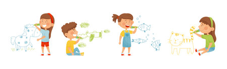 Children Drawing on Wall with Colorful Crayons Vector Illustration Setのイラスト素材