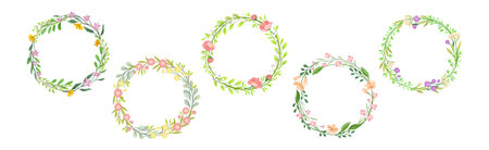Floral Frame and Round Wreath with Blooming Twig Vector Setのイラスト素材