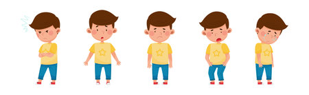Little Boy Character Showing Face Expression and Emotion with Gesture Vector Setのイラスト素材